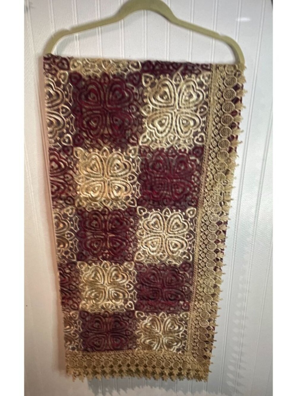 Elegant Burgundy & Gold Lace Embroidered Rectangle Tablecloth 54"X72"